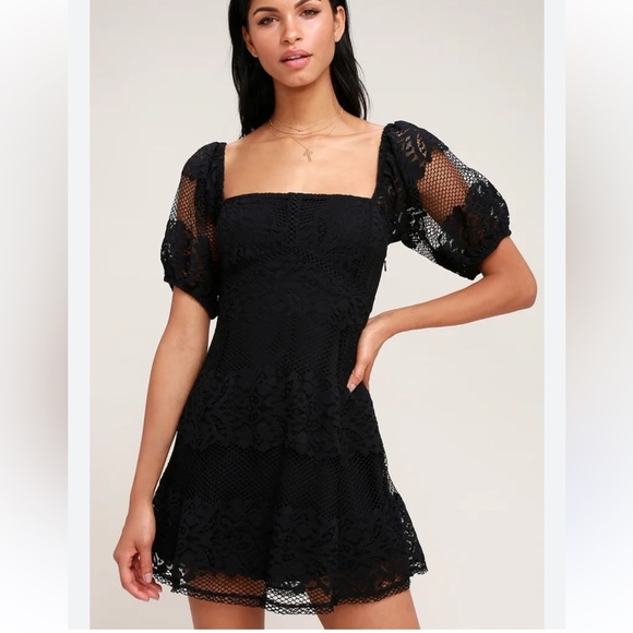 Free People Black Be Your Baby Lace Short Sleeve Mini Dress M - Picture 1 of 15